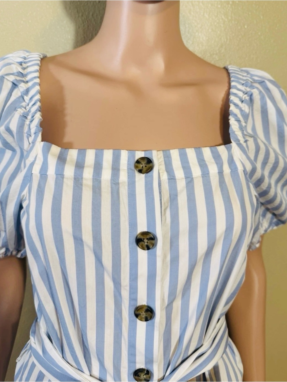 J. CREW Women Dress Square Neck Blue White Stripe Puff Sleeve  - Size XS - Picture 3 of 7